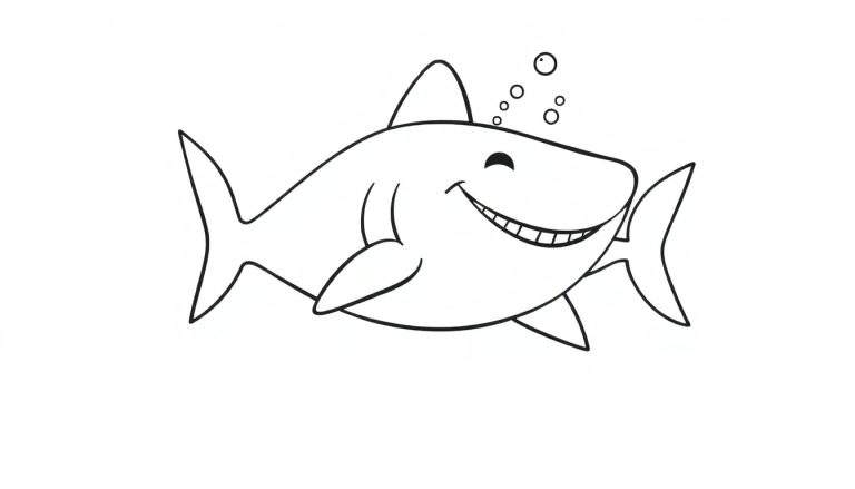 Placa de color de un tiburón de dibujos animados sonriendo.