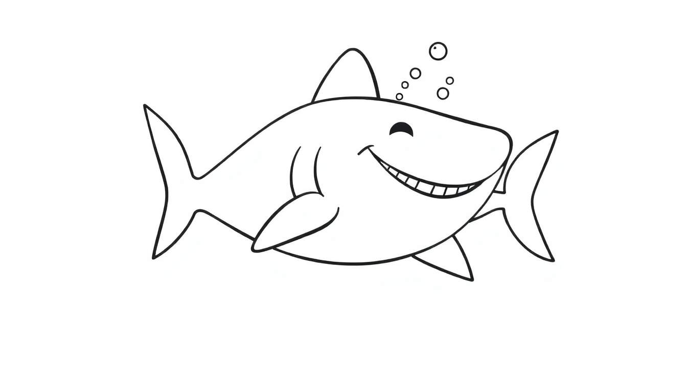 Placa de color de un tiburón de dibujos animados sonriendo.