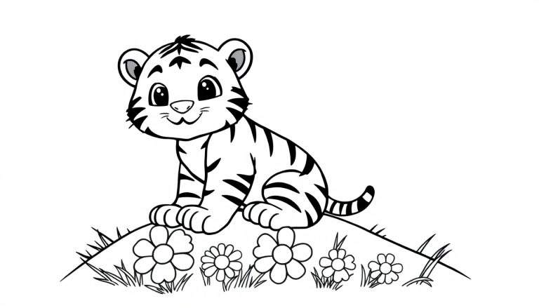 Un tierno tigre bebé de dibujos animados sentado en una colina, listo para ser coloreado con gruesas líneas en blanco y negro, parte de una placa de color.