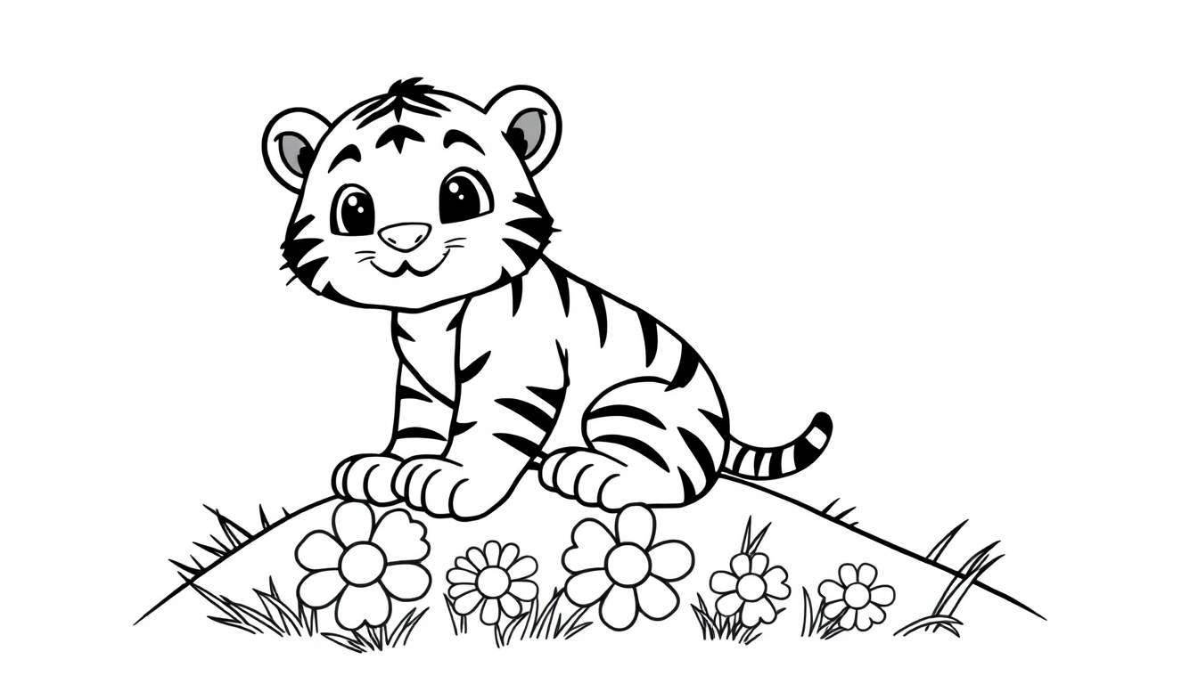 Un tierno tigre bebé de dibujos animados sentado en una colina, listo para ser coloreado con gruesas líneas en blanco y negro, parte de una placa de color.