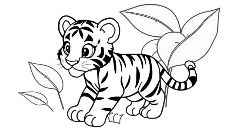 Un cachorro de tigre de dibujos animados, listo para colorear en su placa de color, con hojas verdes alrededor.