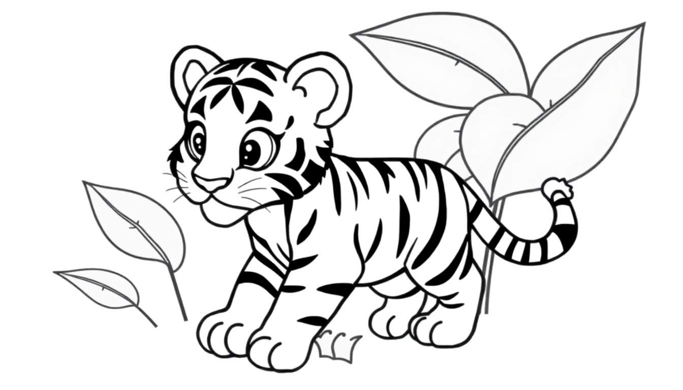 Un cachorro de tigre de dibujos animados, listo para colorear en su placa de color, con hojas verdes alrededor.