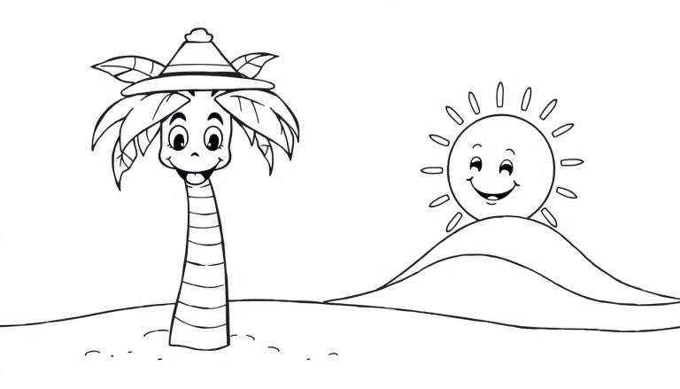 Una palmera sonriente y un sol sonriente en una página para colorear de la placa de color.