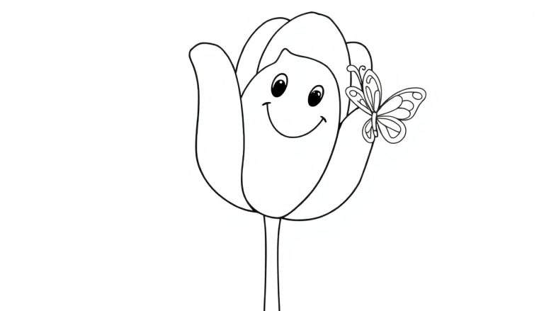 Placa de color de un tulipán sonriente de dibujos animados con una mariposa.