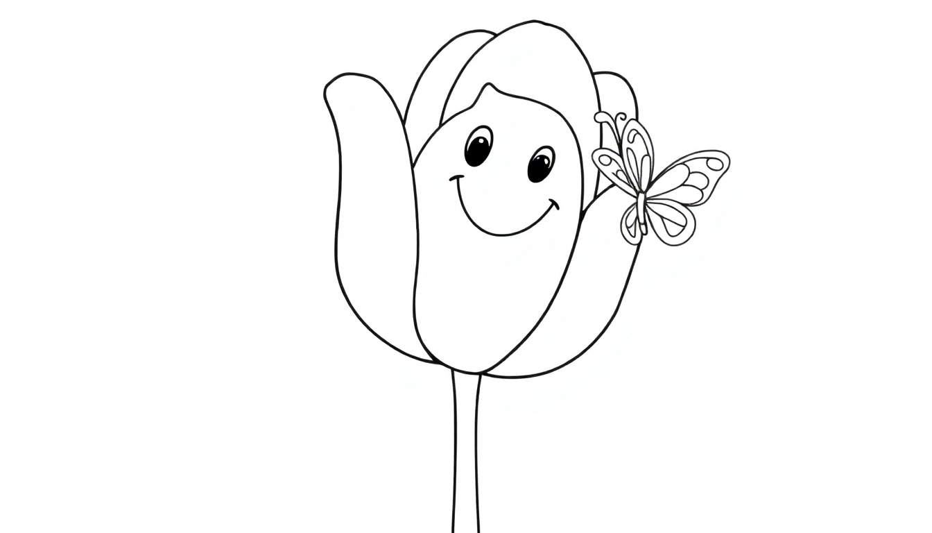 Placa de color de un tulipán sonriente de dibujos animados con una mariposa.