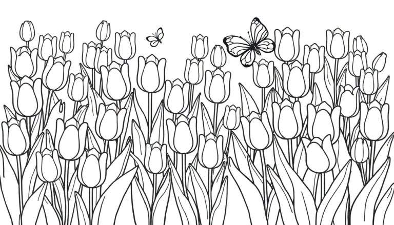 Placa de color de tulipanes y mariposas.