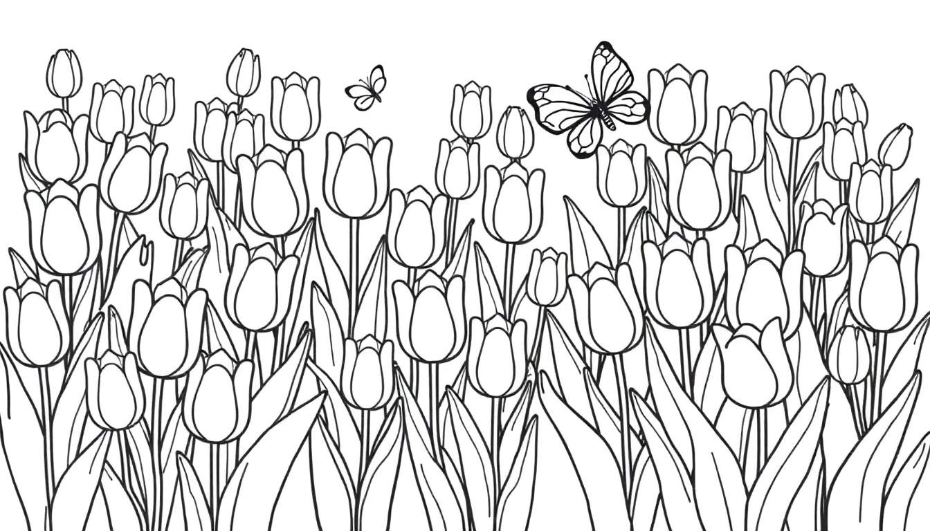 Placa de color de tulipanes y mariposas.