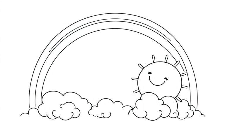 Una placa de color con un arcoíris, nubes y un sol sonriente.