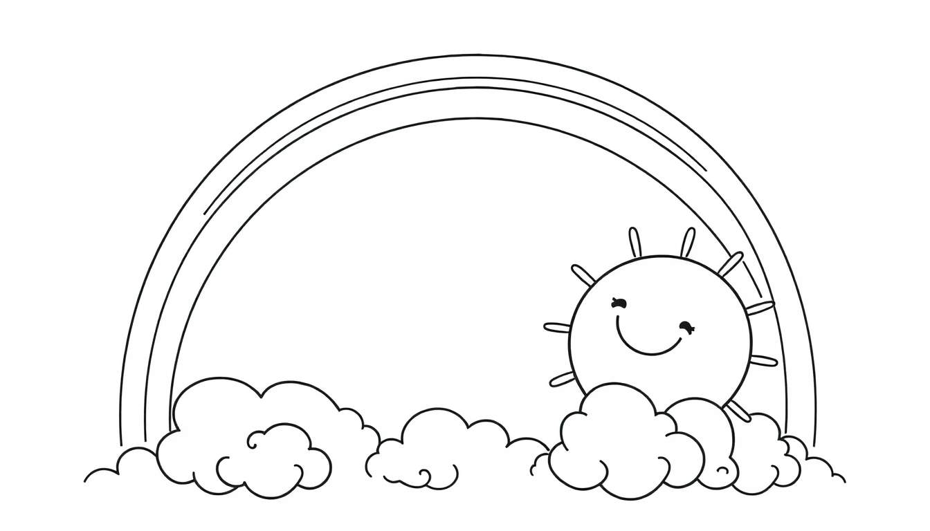 Una placa de color con un arcoíris, nubes y un sol sonriente.
