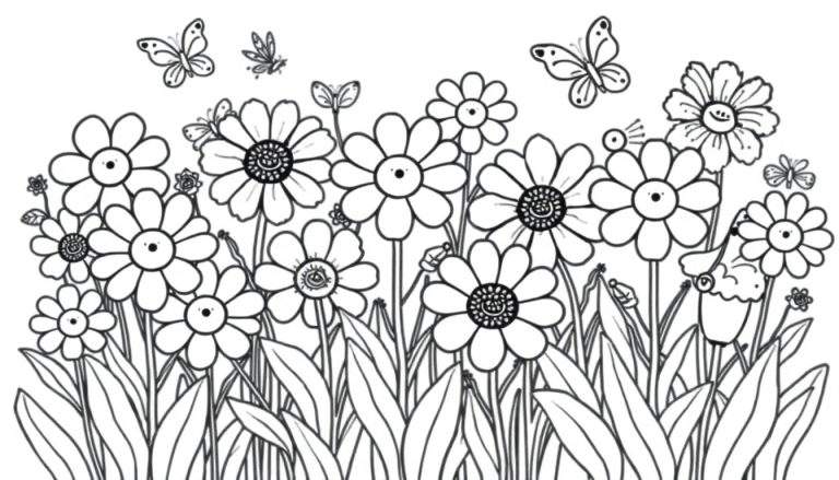 Placa de color de un campo de flores sonrientes y mariposas.