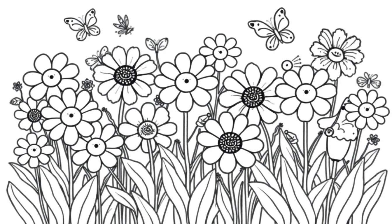 Placa de color de un campo de flores sonrientes y mariposas.