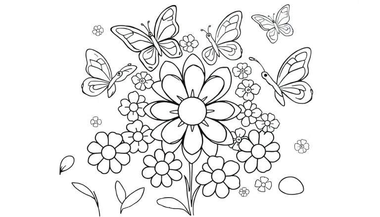 Placa de color de flores y mariposas para colorear.