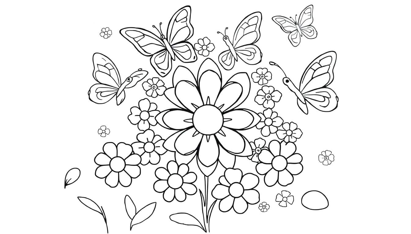 Placa de color de flores y mariposas para colorear.