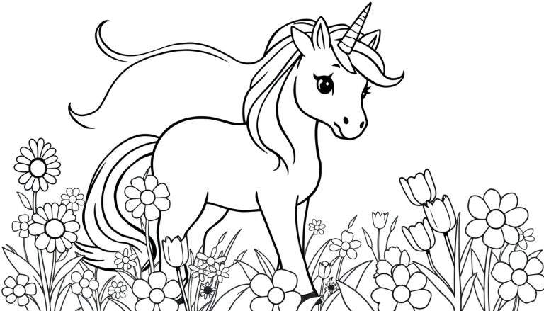 Placa de color de un unicornio amigable entre flores.