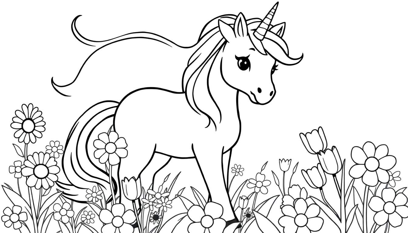 Placa de color de un unicornio amigable entre flores.