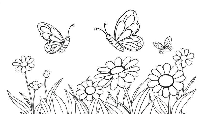 Placa de color con flores y mariposas para colorear.