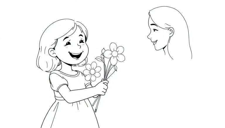 Una niña sonriente le da flores a su mamá, página para colorear para el Día de la Madre.