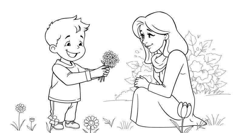 Dibujo para colorear de un niño dando flores a su madre, una placa de color.