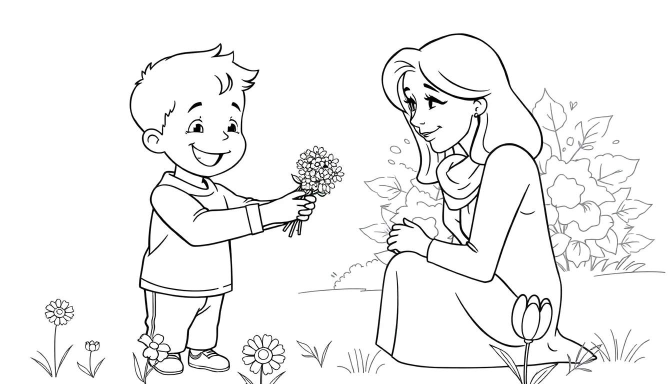 Dibujo para colorear de un niño dando flores a su madre, una placa de color.