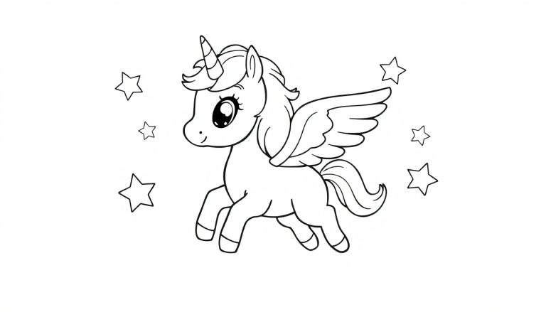 Placa de color para niños de un adorable unicornio alado volando entre estrellas brillantes.