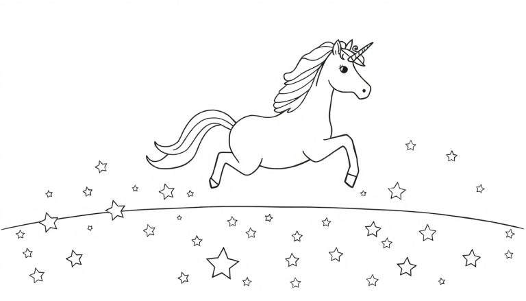 Placa de color de un unicornio galopando entre estrellas.