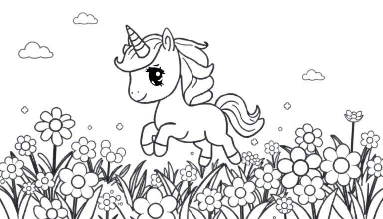 Placa de color de un unicornio chibi galopando entre flores, estilo kawaii.