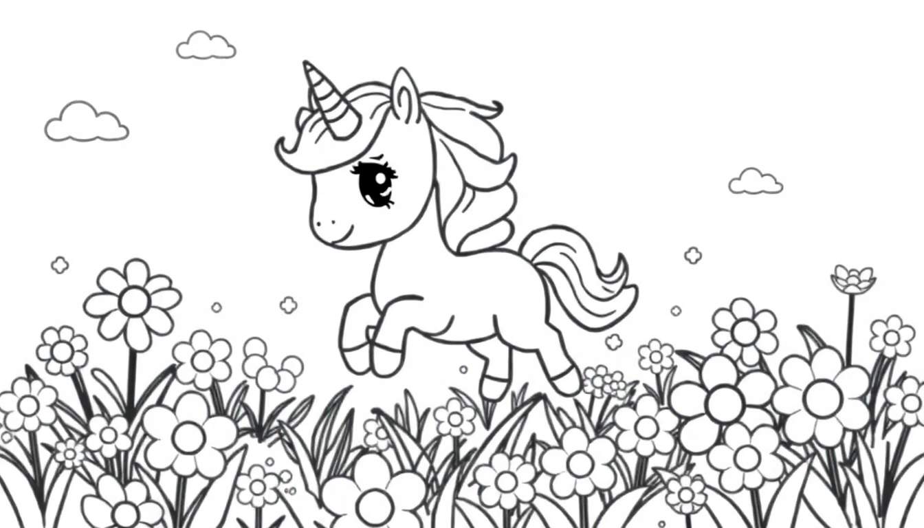 Placa de color de un unicornio chibi galopando entre flores, estilo kawaii.