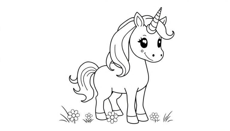 Una página para colorear de un unicornio de dibujos animados en un campo de flores, lista para colorear en la placa de color.