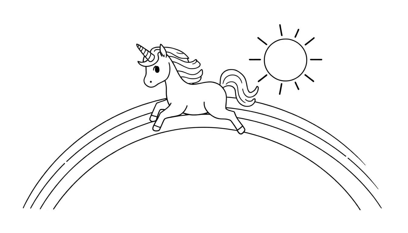 Placa de color de un unicornio corriendo sobre un arcoíris con un sol brillante.