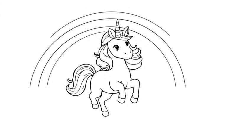 Página para colorear de un unicornio con placa de color.