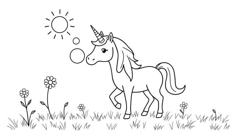 Placa de color de un unicornio soplando burbujas.