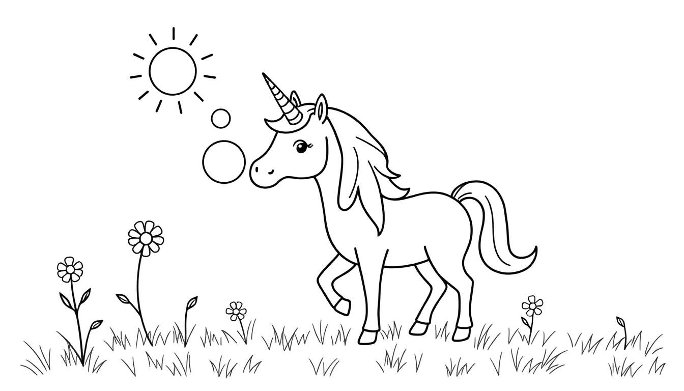 Placa de color de un unicornio soplando burbujas.