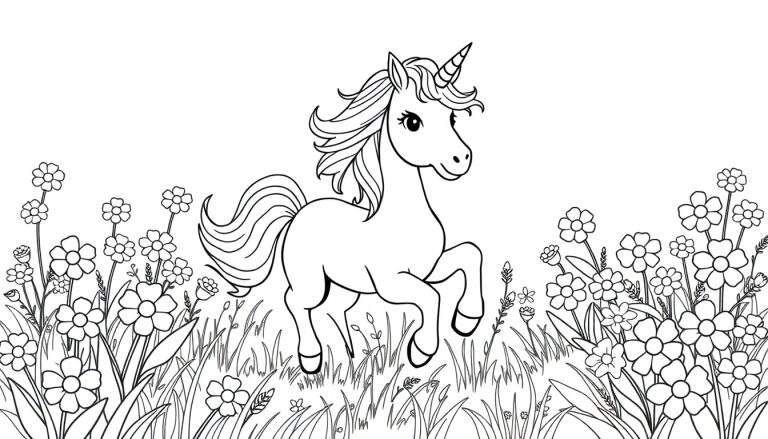 Placa de color de un unicornio feliz galopando entre flores.