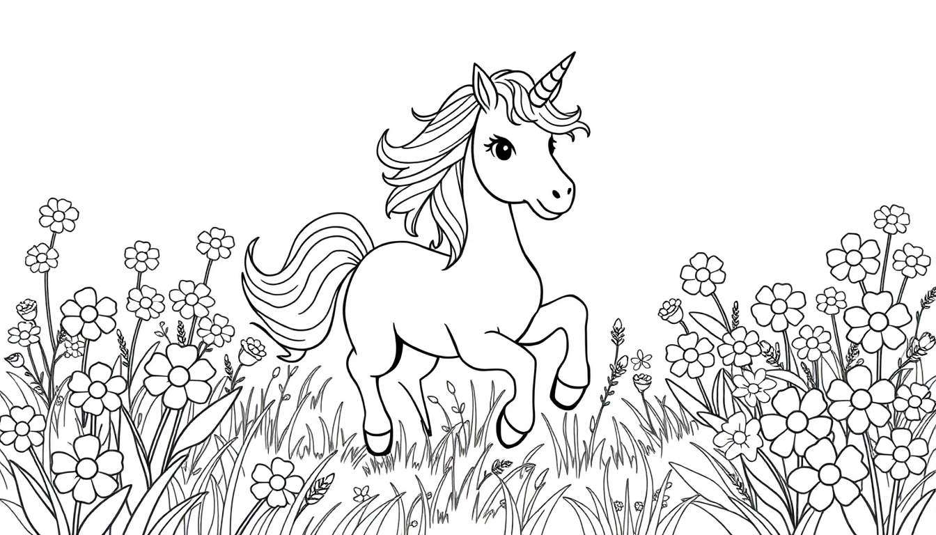 Placa de color de un unicornio feliz galopando entre flores.