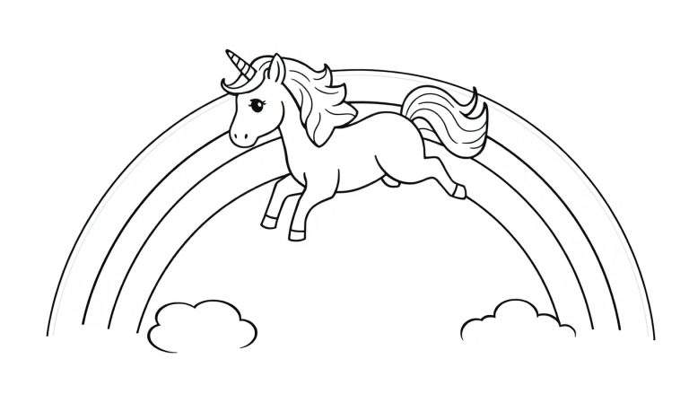 Unicornio saltando sobre un arcoíris, listo para colorear en esta placa de color.