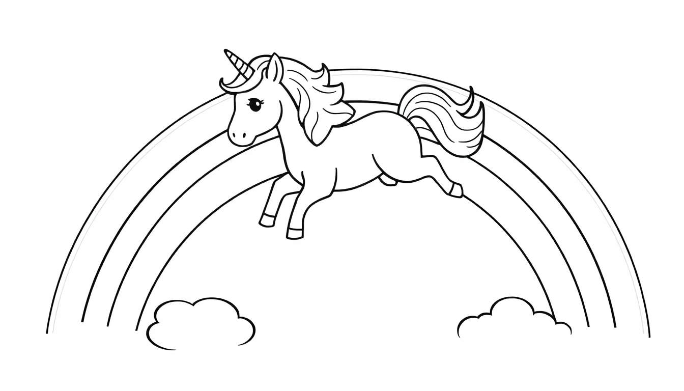 Unicornio saltando sobre un arcoíris, listo para colorear en esta placa de color.