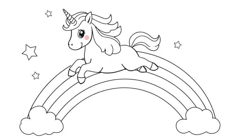 Placa de color de un unicornio saltando sobre un arcoíris con estrellas.