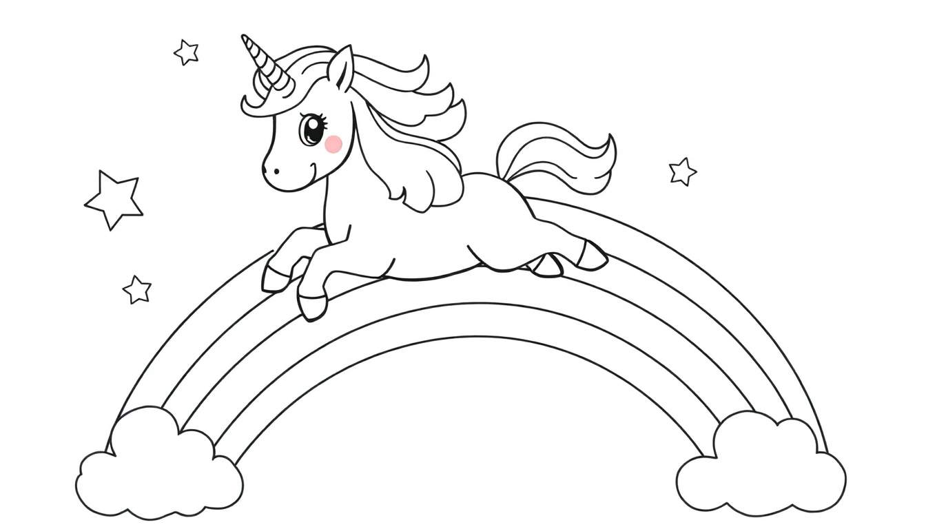 Placa de color de un unicornio saltando sobre un arcoíris con estrellas.