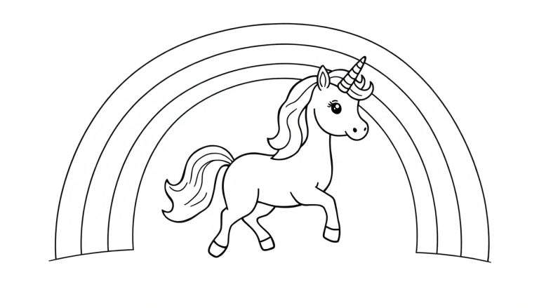 Placa de color de un unicornio amigable jugando con un arcoíris.