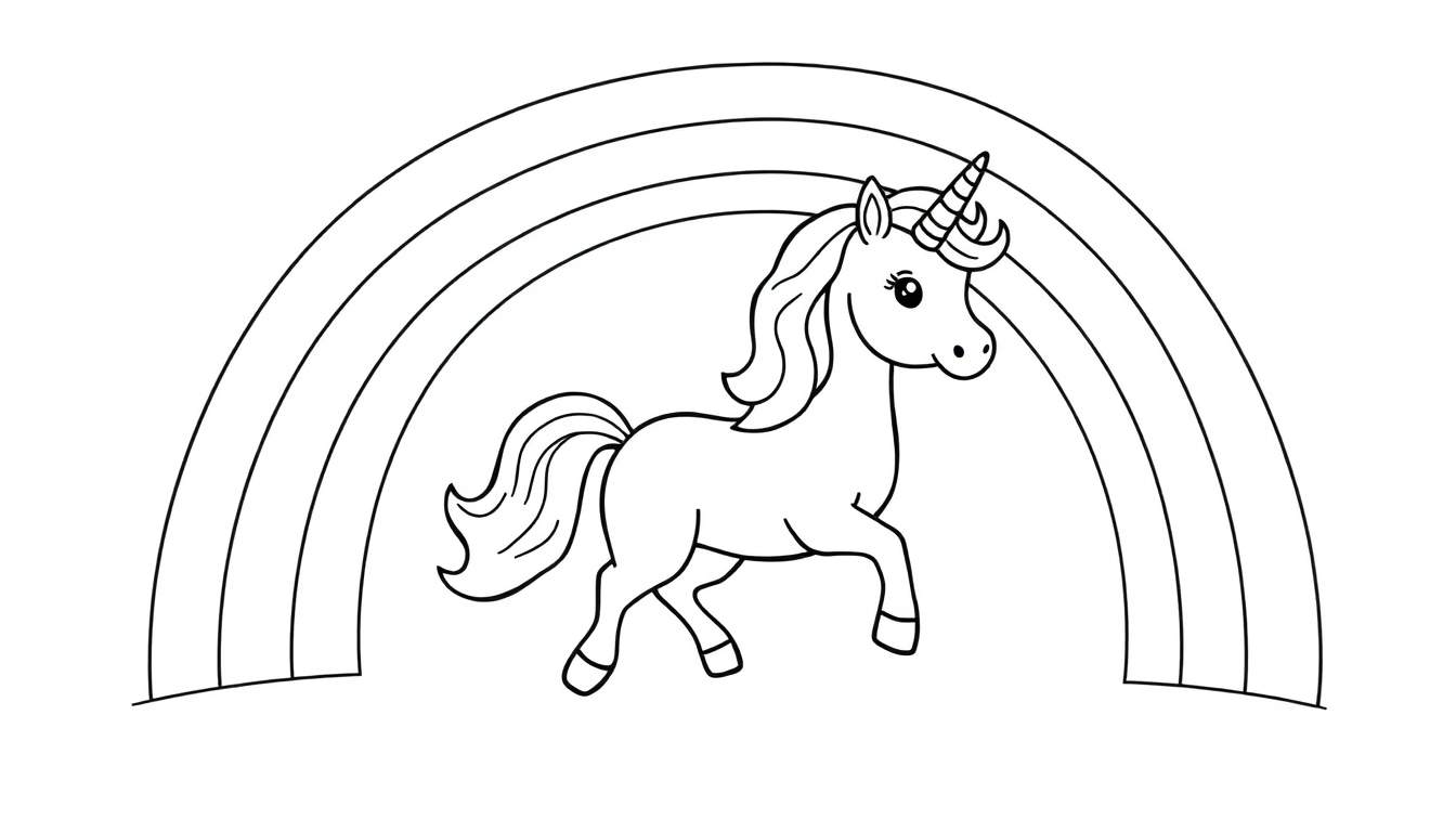 Placa de color de un unicornio amigable jugando con un arcoíris.