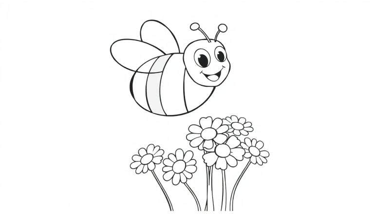 Placa de color de una abeja sonriente volando cerca de flores de margarita.