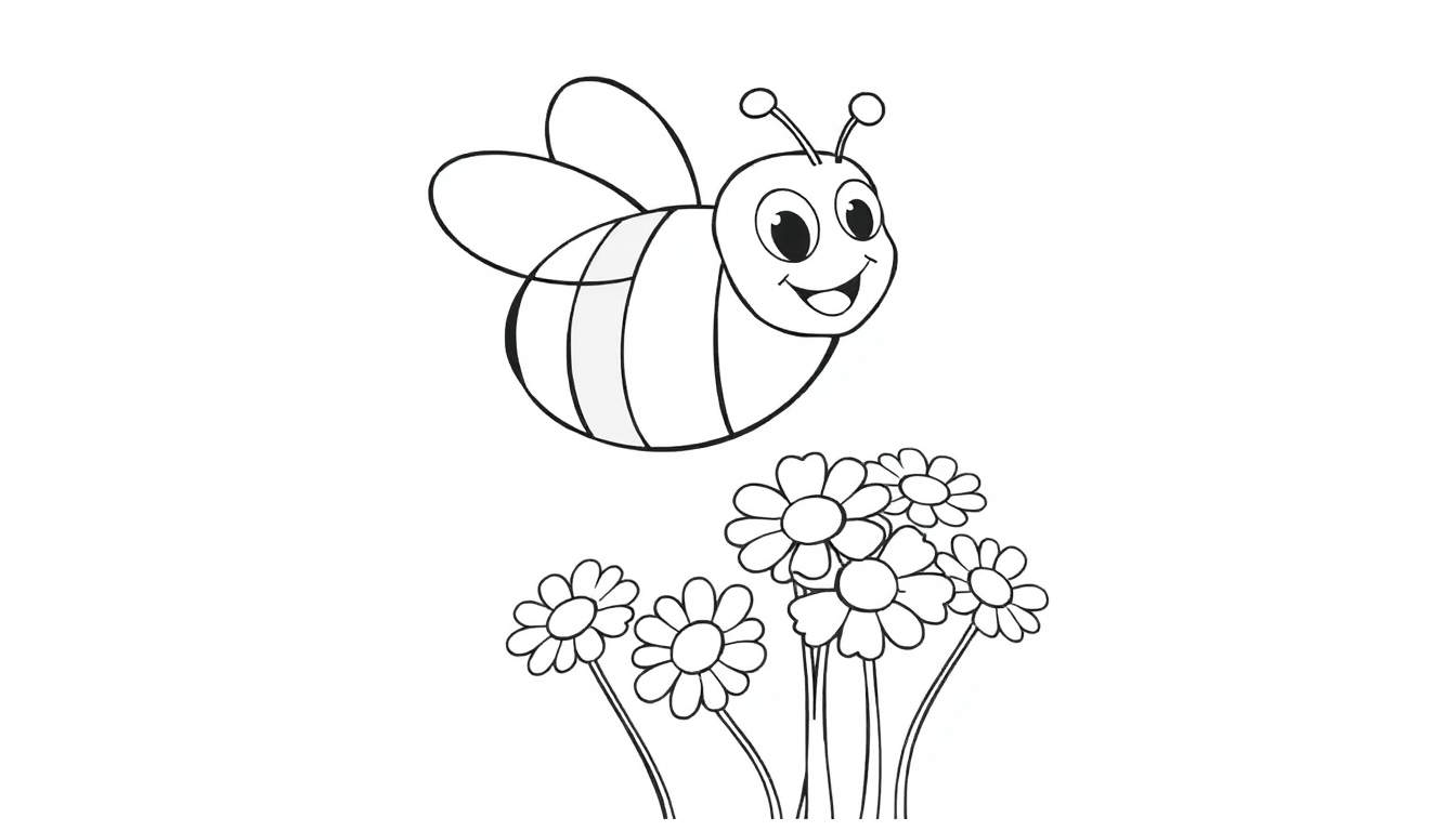 Placa de color de una abeja sonriente volando cerca de flores de margarita.