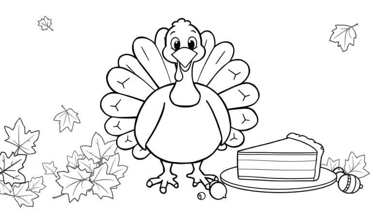 Página para colorear de Acción de Gracias: un pavo amigable, hojas de otoño y pastel de calabaza en blanco y negro.