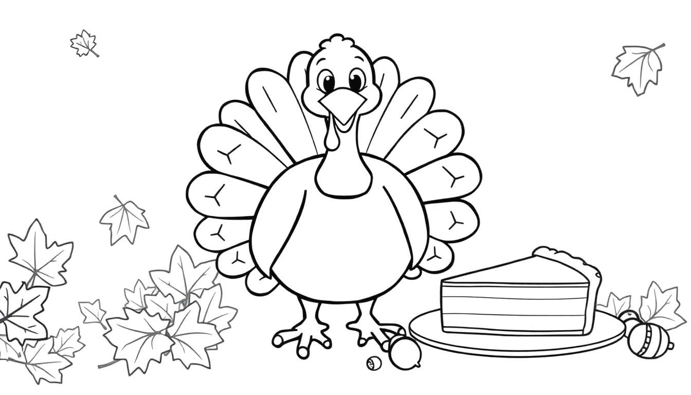 Página para colorear de Acción de Gracias: un pavo amigable, hojas de otoño y pastel de calabaza en blanco y negro.