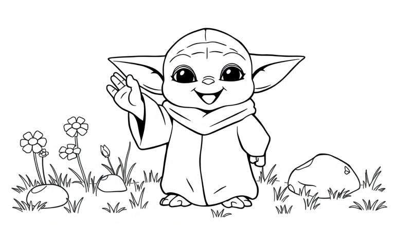 Placa de color de Baby Yoda saludando felizmente.
