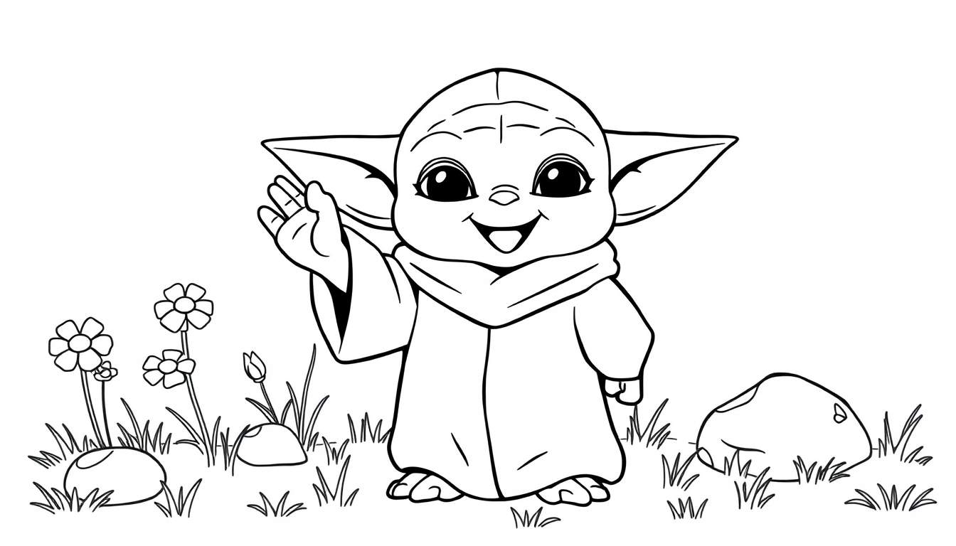 Placa de color de Baby Yoda saludando felizmente.