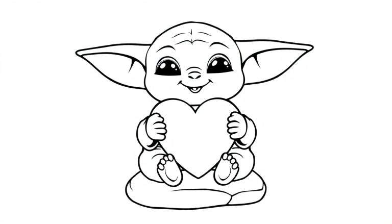 Placa de color de un adorable Baby Yoda con un corazón sonriendo.
