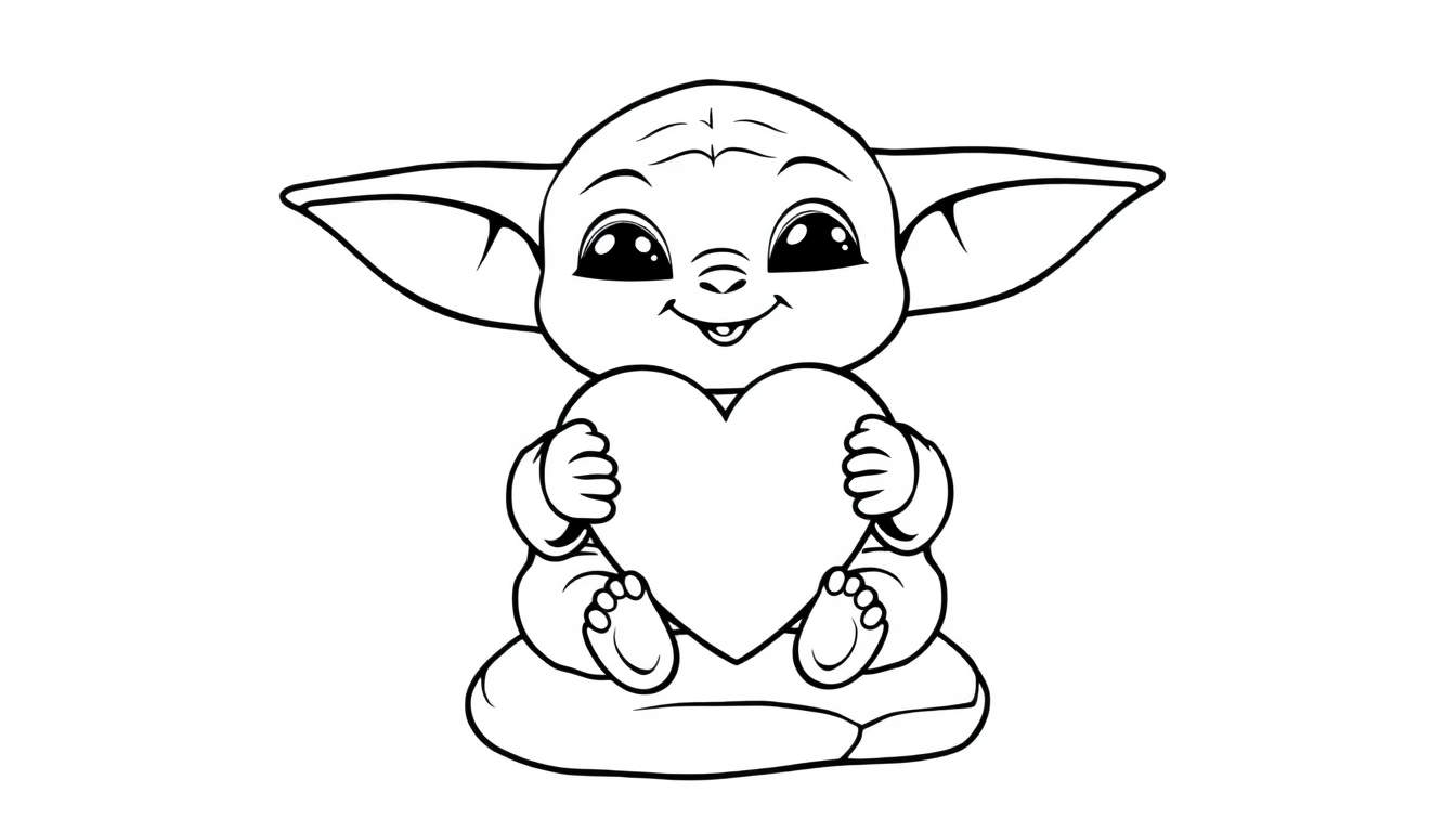 Placa de color de un adorable Baby Yoda con un corazón sonriendo.