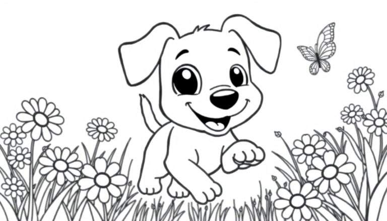 Un cachorro de libro para colorear persigue una mariposa en un campo de flores.
