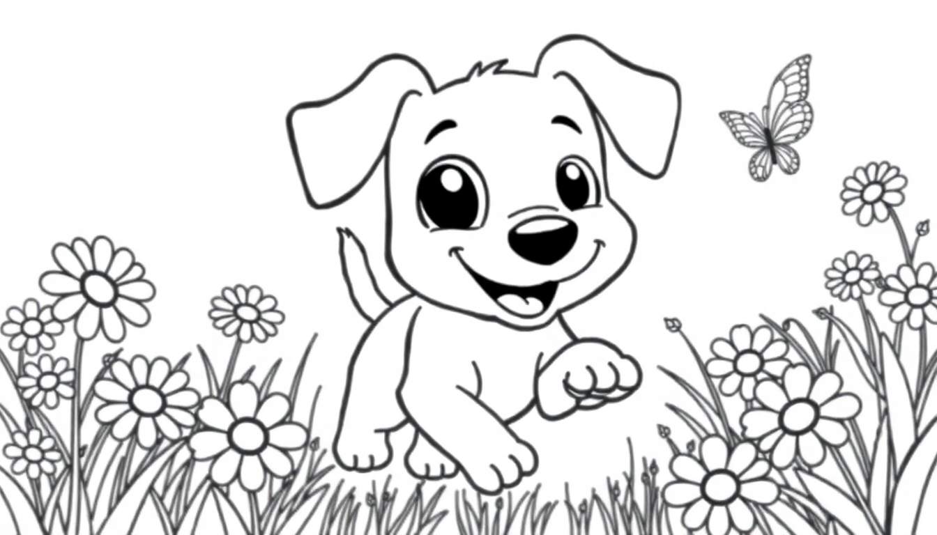 Un cachorro de libro para colorear persigue una mariposa en un campo de flores.